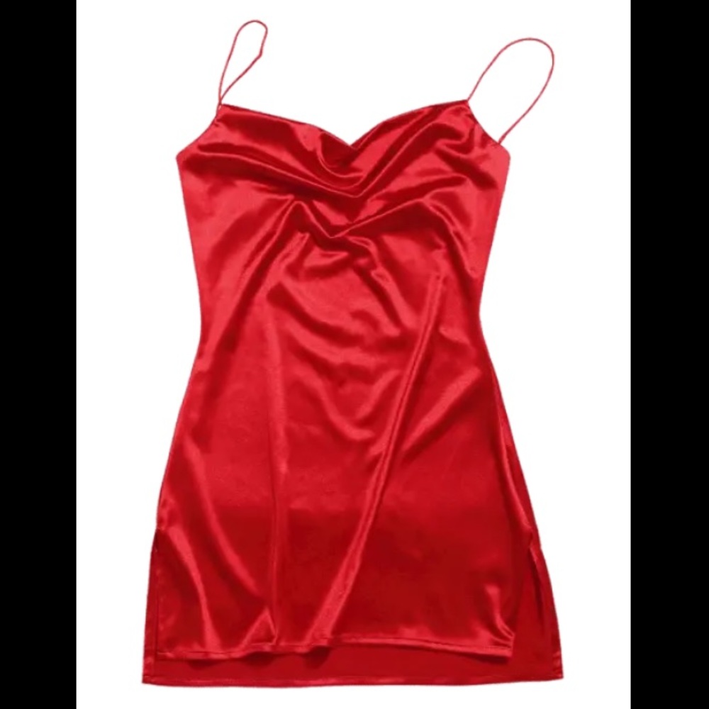 Red satin spaghetti strap cocktail dress
